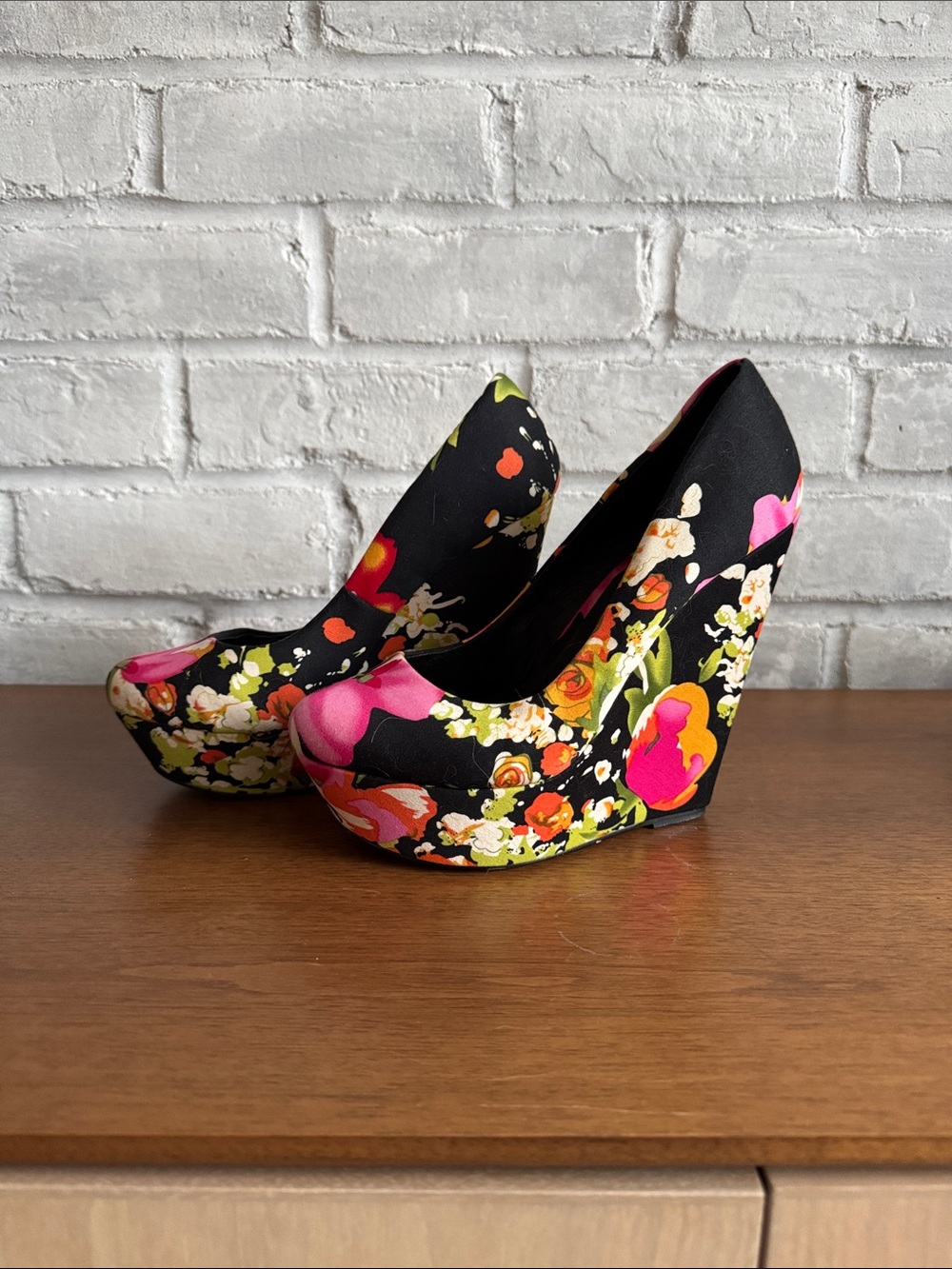 Aldo Black Wedge Pumps with Pink & Yellow Floral Print